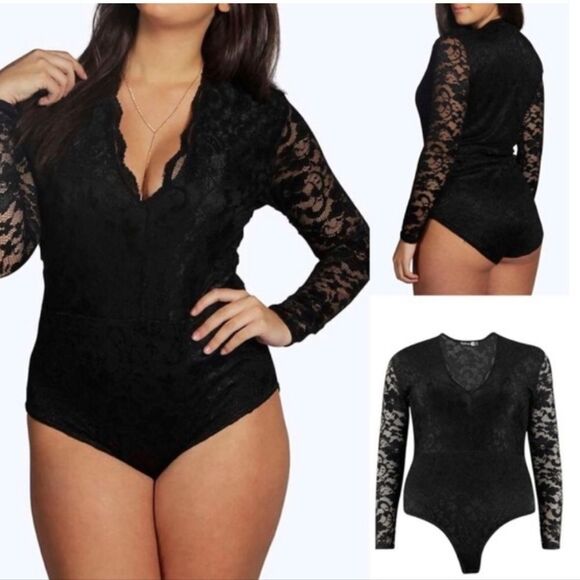 Boohoo Elegant Black Lace Long Sleeved Bodysuit Size 22 - Picture 1 of 16